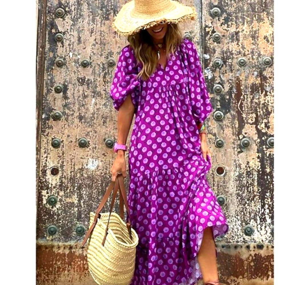 NWT PURPLE PUFF SLEEVE TIRED RUFFLE  LOOSE BOHO VACAY‎  MAXI  DRESS SIZE LARGE